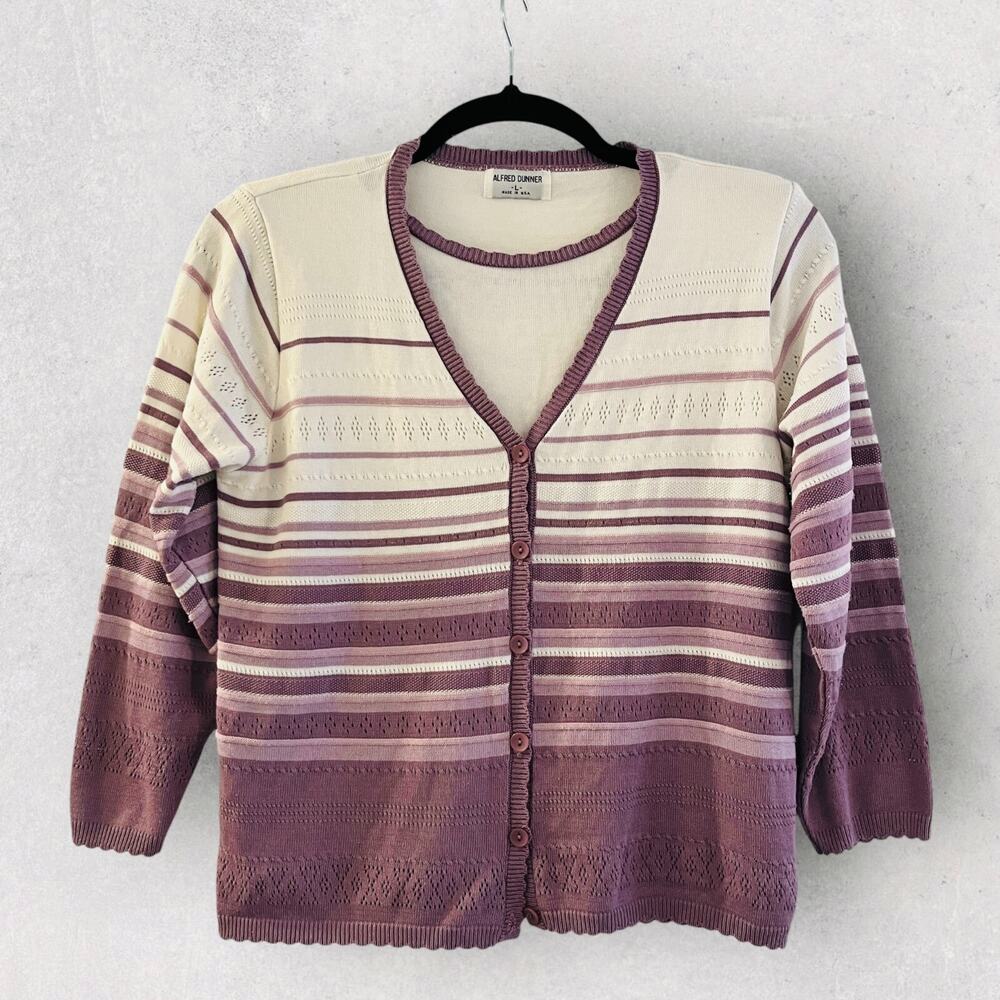 Alfred Dunner Womens Sweater Large Purple Striped Twofer Faux Twinset Eyelet